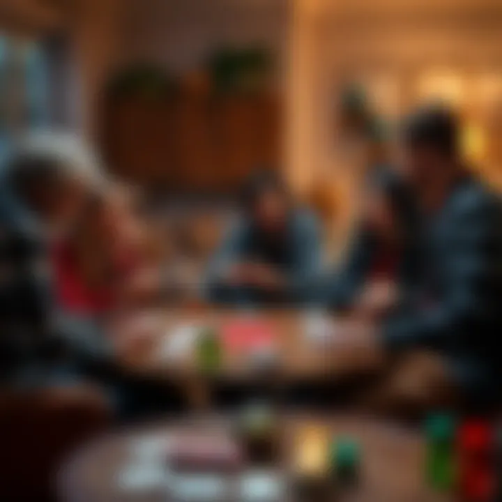 Friends gathered around a table, enjoying a card game in a cozy living room