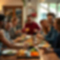 Group Sharing a Meal A diverse group of people sitting at a table sharing food, smiling and enjoying each other's company.