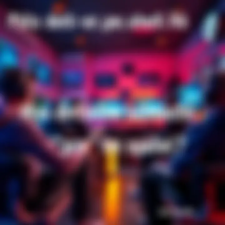 A group of gamers engaged in a lively discussion about defining pro players in gaming. They are sitting in a gaming lounge, surrounded by screens and gaming gear.