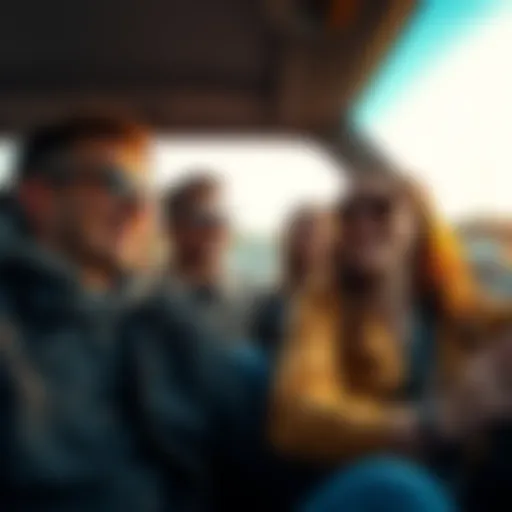 A group of friends enjoying a road trip together in a car, smiling and laughing on an open highway.