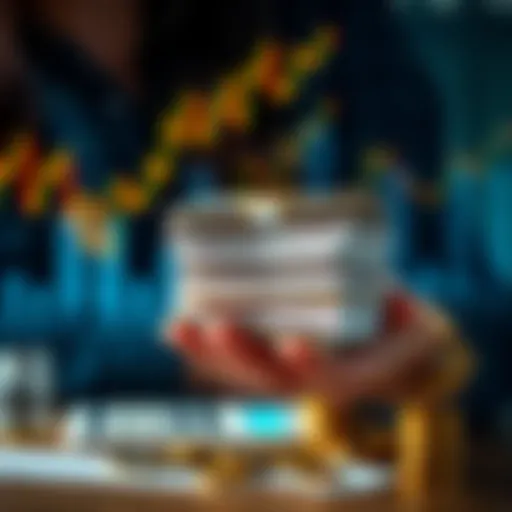 A person holding a stack of money with a calculator and investment charts in the background