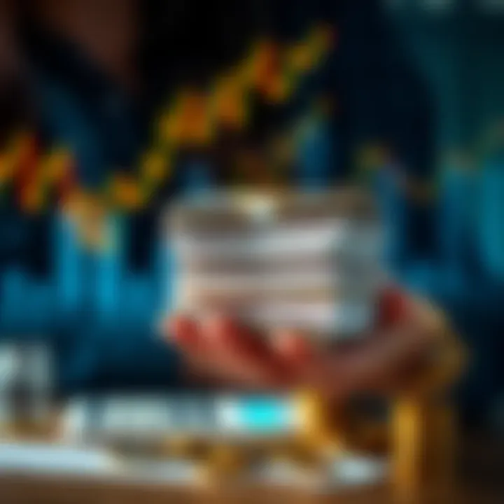 A person holding a stack of money with a calculator and investment charts in the background