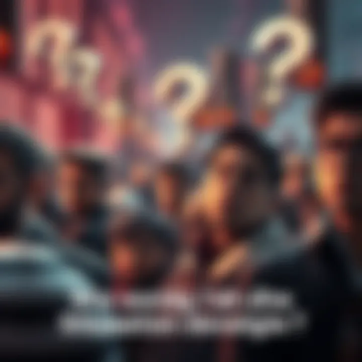 Crowd of people looking uncertain, with question marks and symbols of change around them