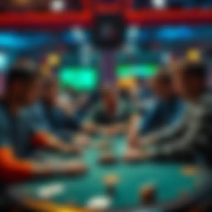 A group of poker players at a table analyzing hands and discussing strategies in a tournament setting.