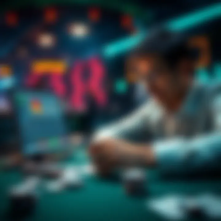 A poker player analyzing strategies on a digital GTO Range Builder tool with poker chips and cards on the table