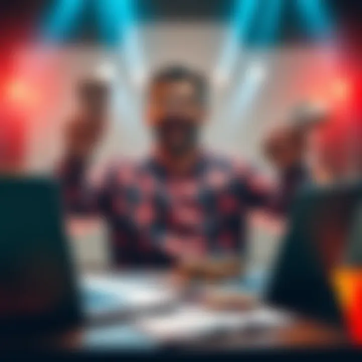 A person celebrating a betting win with money and sports tickets in hand, surrounded by a laptop displaying betting odds.