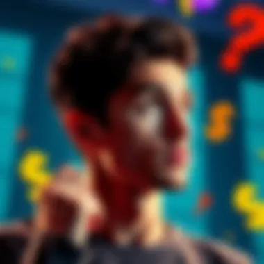 A person thinking hard about guessing an amount of money while looking at a question mark and dollar signs