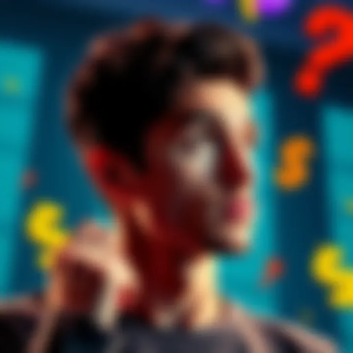 A person thinking hard about guessing an amount of money while looking at a question mark and dollar signs