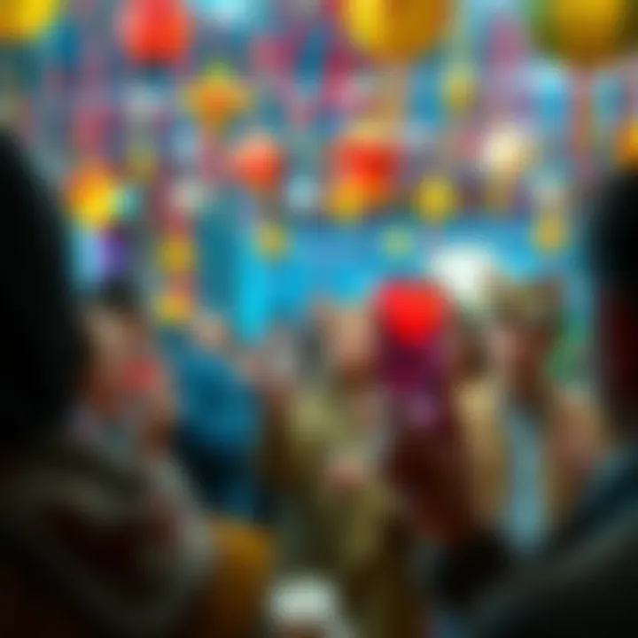 Participants showing their guesses for a challenge to win 3 dollars, surrounded by colorful decorations