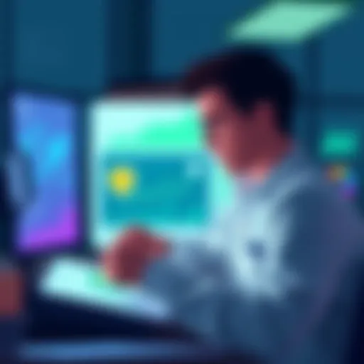 An illustration showing a person analyzing charts and data, focusing on risk management strategies with protective icons around them.