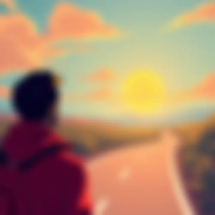 An illustration of a person looking at a roadmap with a bright sun in the background, symbolizing a new journey.
