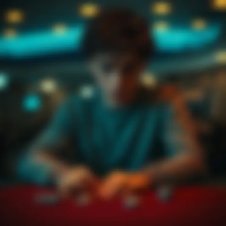 A person sitting alone at a table with a distressed expression, reflecting on their gambling experiences and feelings of guilt.
