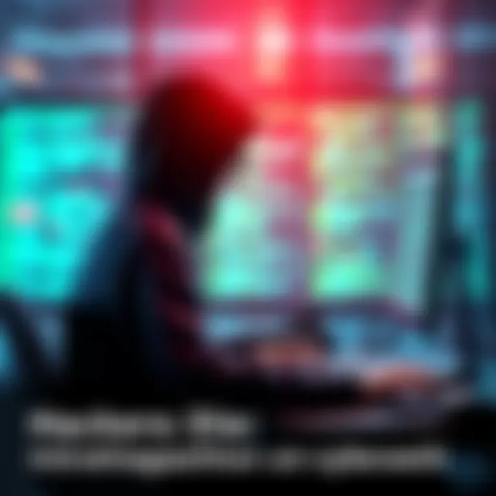 A person sitting in front of a computer with code on the screen, representing hacking activities