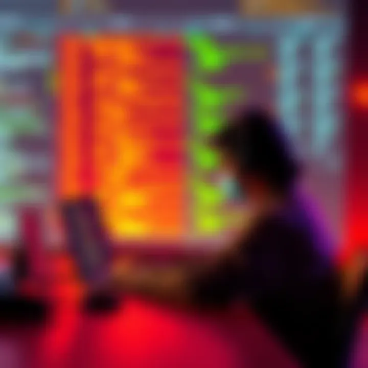 A person sitting at a desk, focused on coding on a laptop with code visible on the screen.