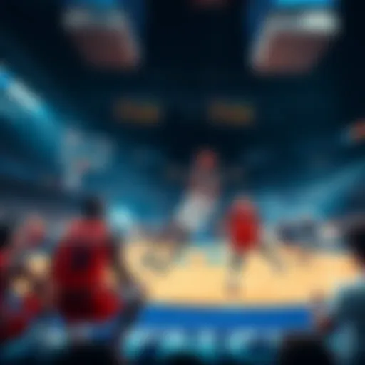 Basketball game scene featuring players from the Knicks and Thunder at halftime, with betting odds displayed