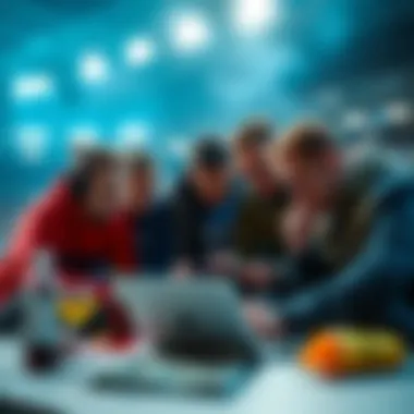 A group of people analyzing sports statistics on a laptop during halftime of a game, surrounded by snacks and drinks