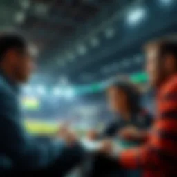 A sports betting scene with people discussing strategies during halftime, focusing on betting tips for Green.