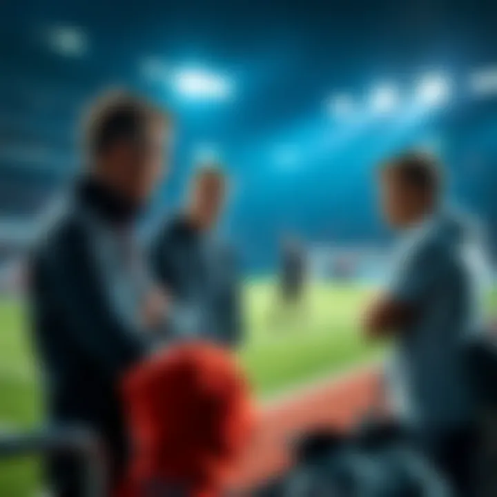 Halftime strategies in sports A coach discussing strategies with players during halftime in a sports game