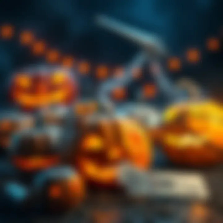 A spooky basketball-themed Halloween scene with carved pumpkins and game tickets