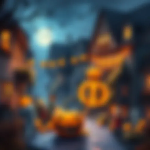 A lively Halloween scene featuring decorated houses, people in creative costumes, and festive activities like pumpkin carving and trick-or-treating.