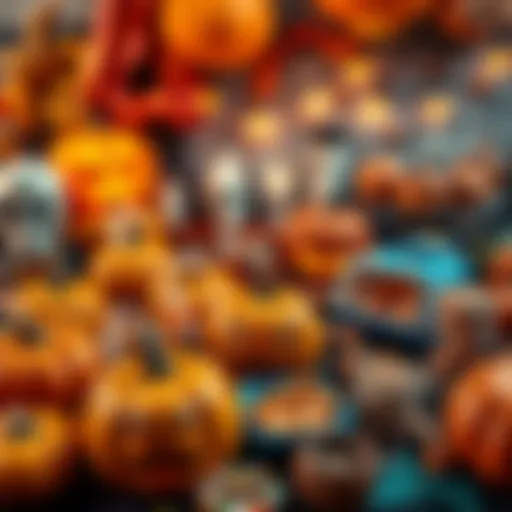 A collage of Halloween-themed decorations and treats with pumpkins, candy, and festive items.