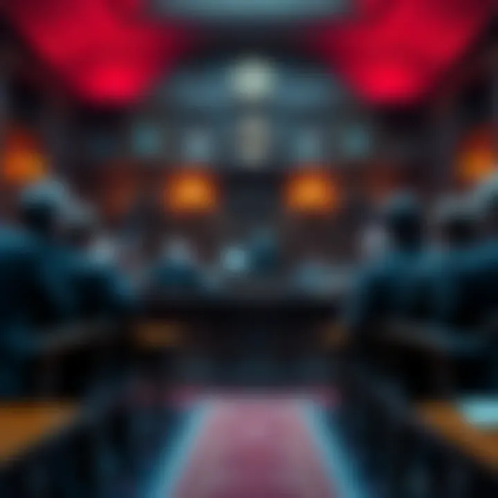 A courtroom scene in Hamburg with judges, lawyers, and a jury observing a significant trial, symbolizing legal implications.