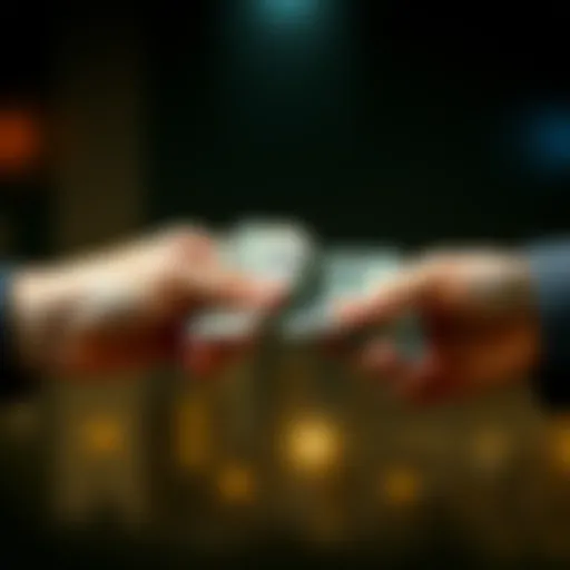 Two hands exchanging cash, symbolizing the idea of charity and support