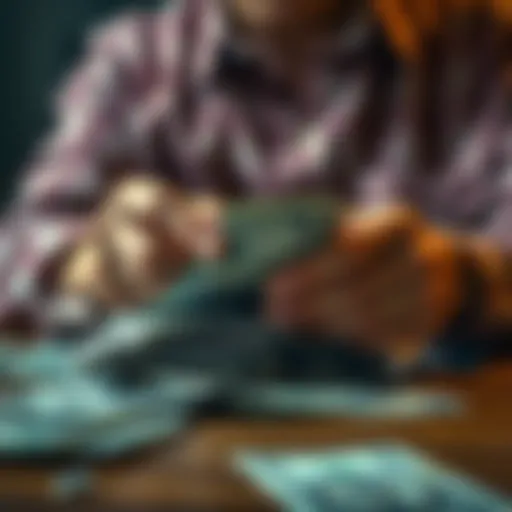 A person counting a stack of cash on a table, looking concerned about finances.