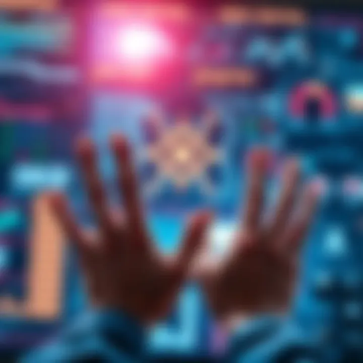 Two hands making interactive gestures in front of a digital screen, showcasing new technology concepts.