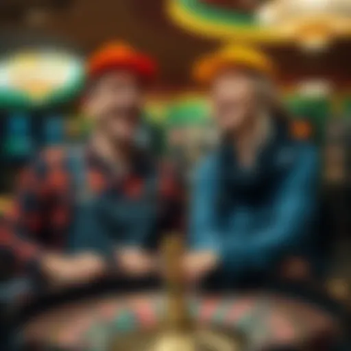 A joyful construction worker and his wife celebrating their unexpected roulette win at a casino, surrounded by chips and laughter.