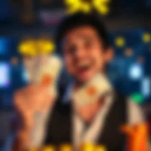 A joyful person smiling and holding cash, celebrating their small gambling win.