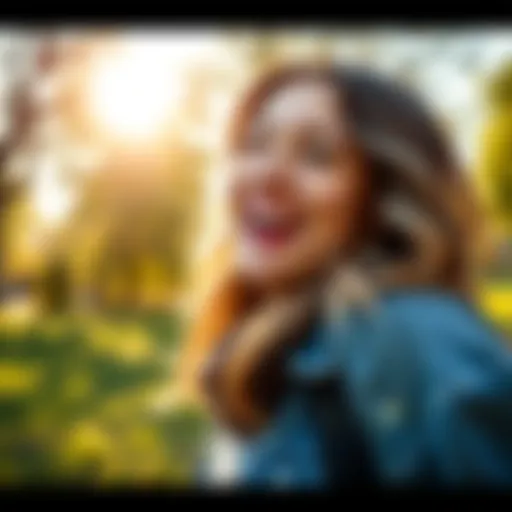 A person smiling brightly while celebrating a joyful surprise in a sunny park