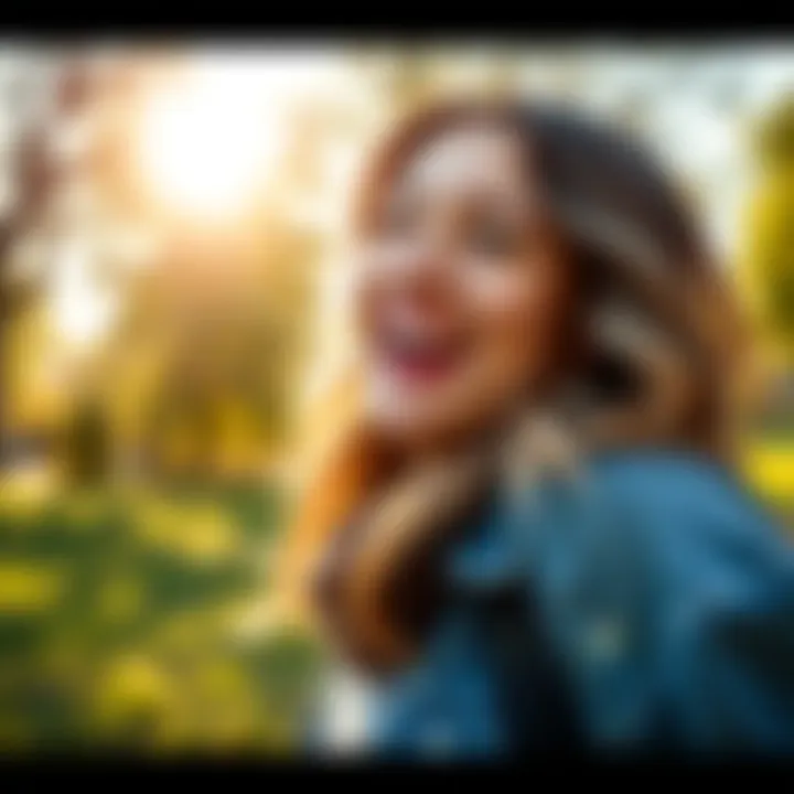 A person smiling brightly while celebrating a joyful surprise in a sunny park