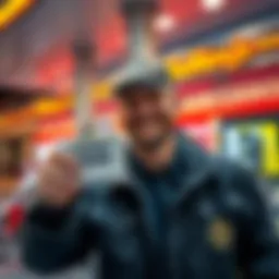 A person smiling while holding a winning lottery ticket at a gas station