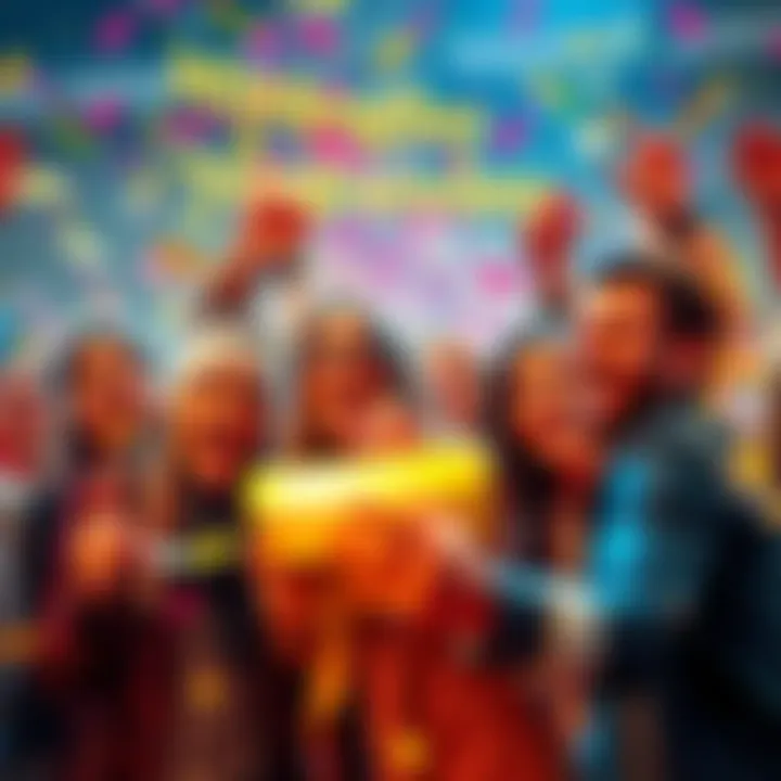 A group of people celebrating a lucky Wednesday with confetti and smiles, showcasing joy and excitement over their wins.
