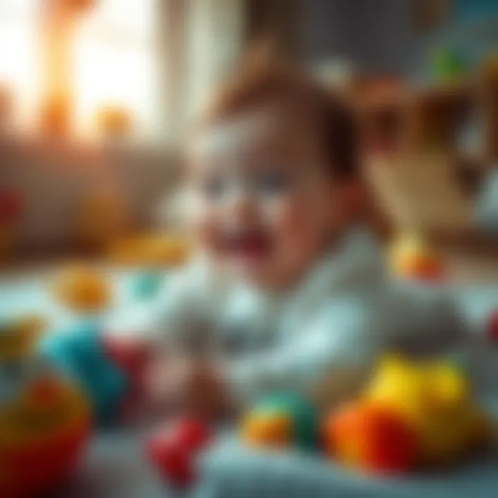 A smiling baby playing safely on a soft mat surrounded by toys
