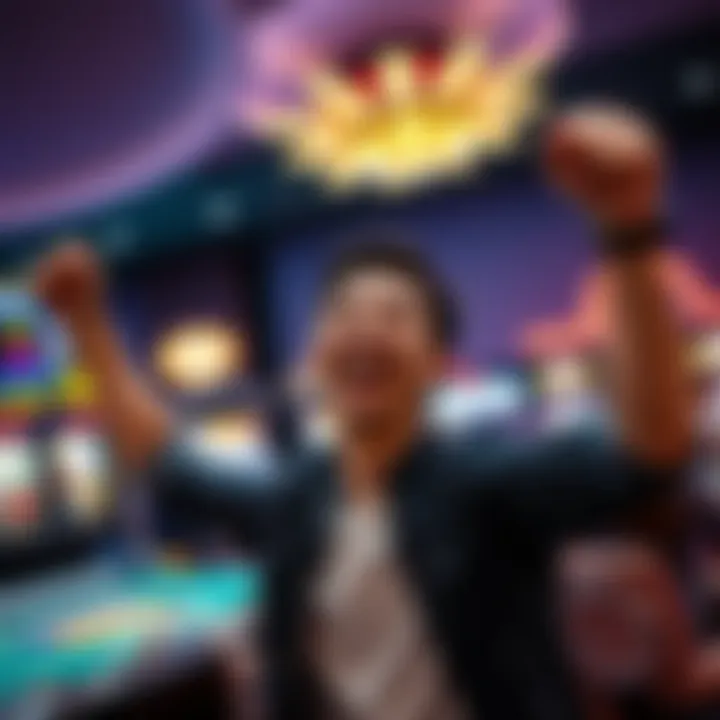 A joyful person celebrating a win at a casino with a slot machine in the background.