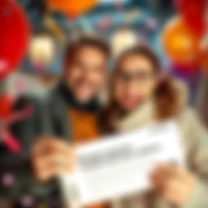 A joyful couple holding a lottery ticket with smiles on their faces, surrounded by confetti and balloons, celebrating their jackpot win