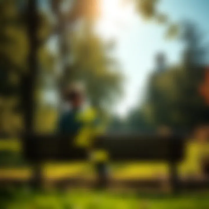 A person sitting on a bench in a park, smiling and enjoying the sunshine with trees around