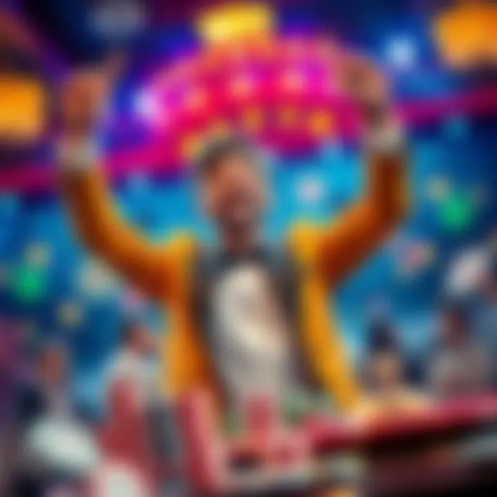 A joyful gambler raises arms in celebration after winning a bet, surrounded by casino elements like chips and cards