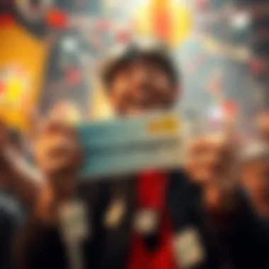A joyful person holding a lottery ticket with a big smile, surrounded by cash and confetti, symbolizing a life-changing win.