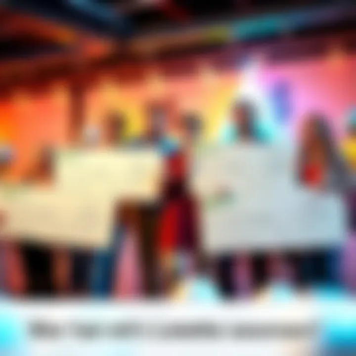 A group of smiling people holding large checks celebrating their lottery win in a festive setting