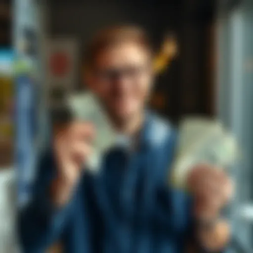 A cheerful man is smiling while holding several dollar bills, symbolizing good luck with finances.