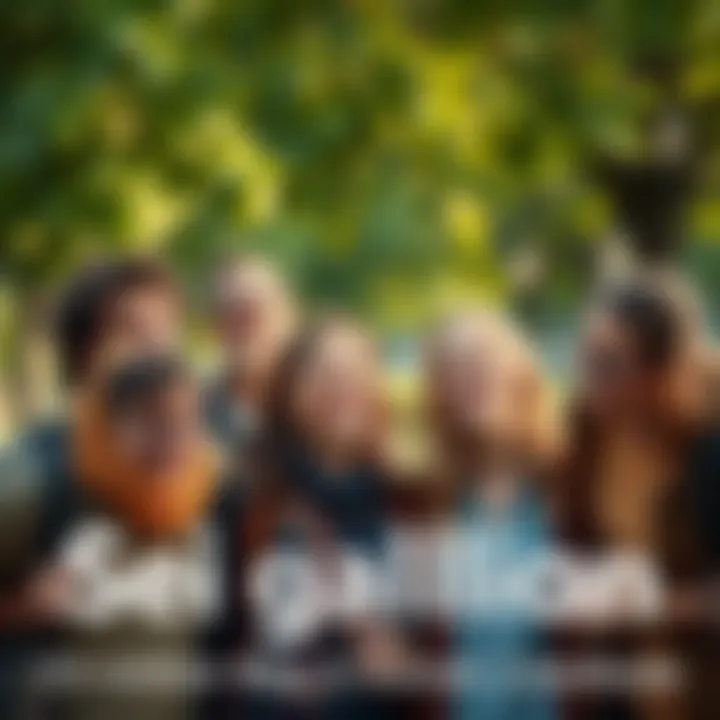 A group of people smiling and laughing in a park, surrounded by nature, showcasing joy and happiness in everyday life.