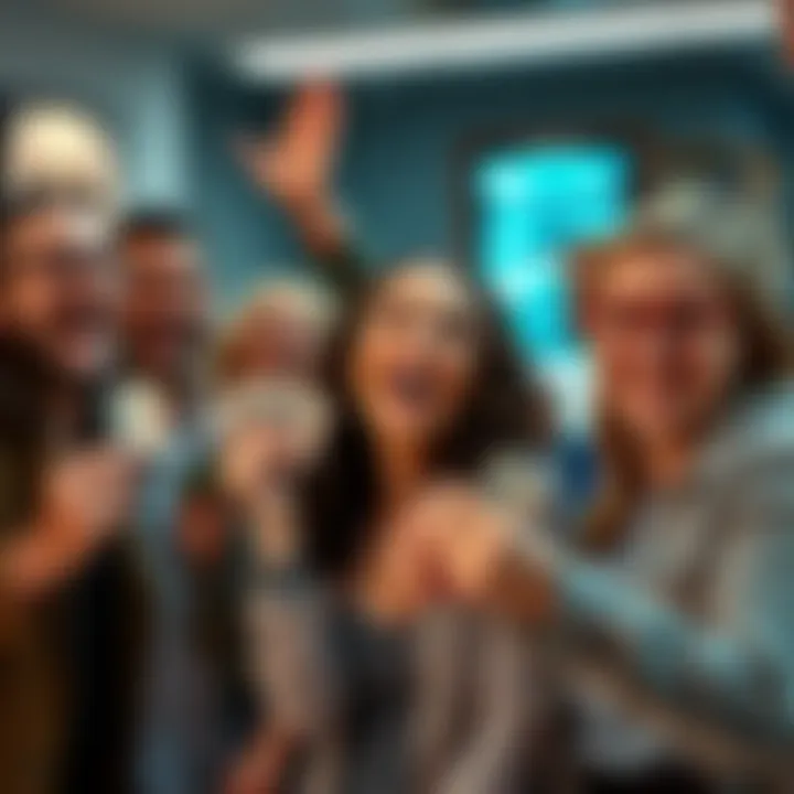 Happy people with money A group of joyful people holding cash and celebrating a small financial reward