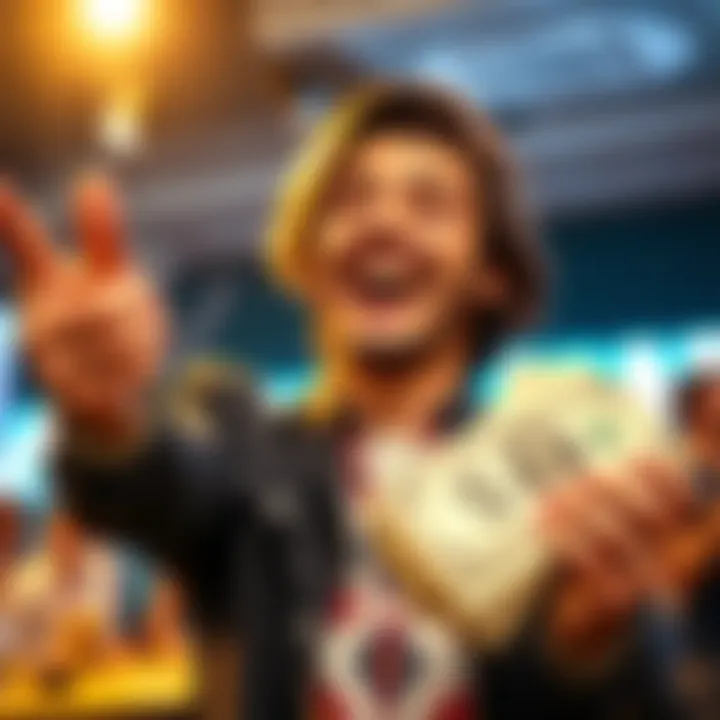 Joyful person celebrating while holding a stack of money symbolizing a financial win