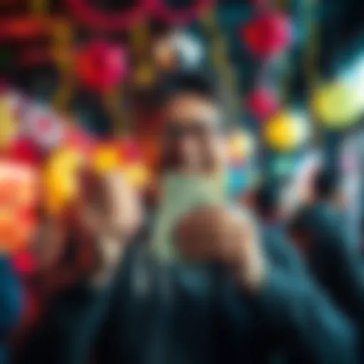 A happy individual holding cash with a big smile, showing excitement about winning money, surrounded by colorful decorations