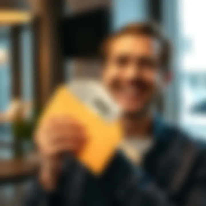 A person smiling while holding an envelope with money, celebrating a monthly cash gain, expressing joy and happiness