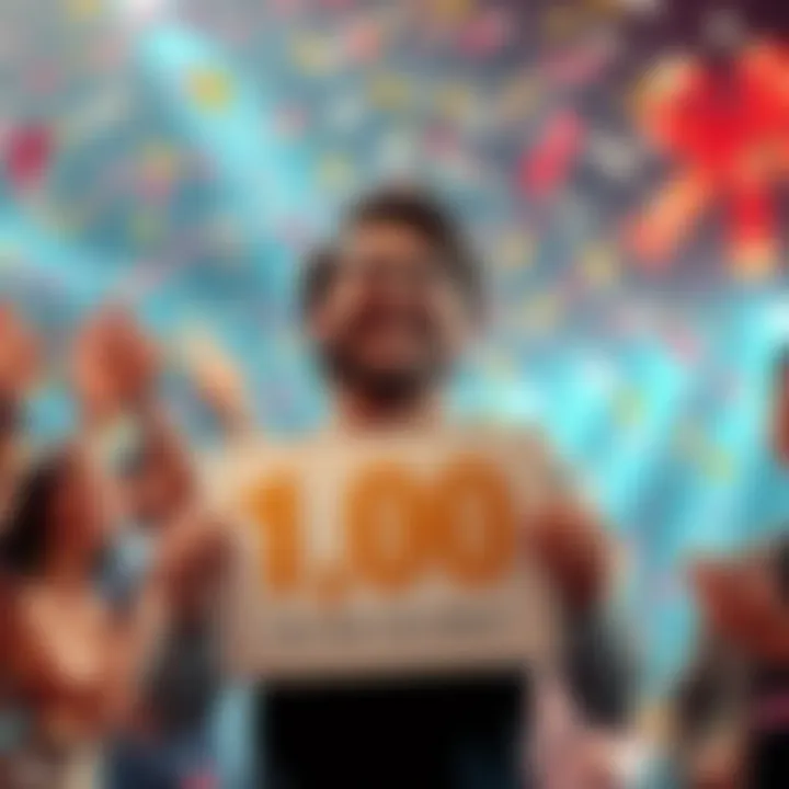 A joyful person with a big smile holding a sign that says 100 dollars, surrounded by confetti and friends cheering.
