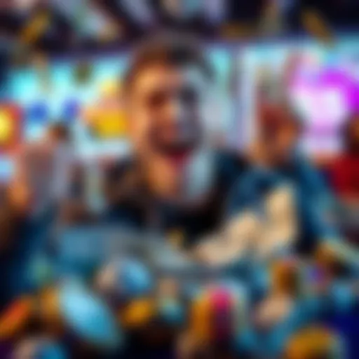 A joyful player celebrating a game win, surrounded by cash and gaming items.